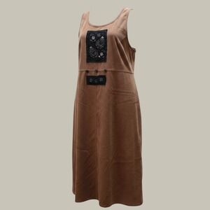 Womens Faux Suede Floral Embroidered Midi Dress Size 2x Brown Indie Boho Cottage